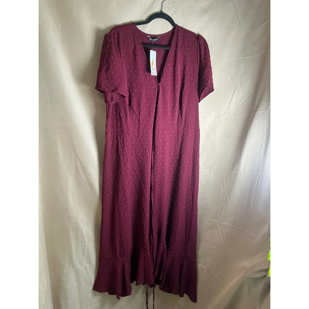 PrettyGarden Swiss Dot Maxi Dress Women Large Burgundy NWT Ruffle V-Neck Short